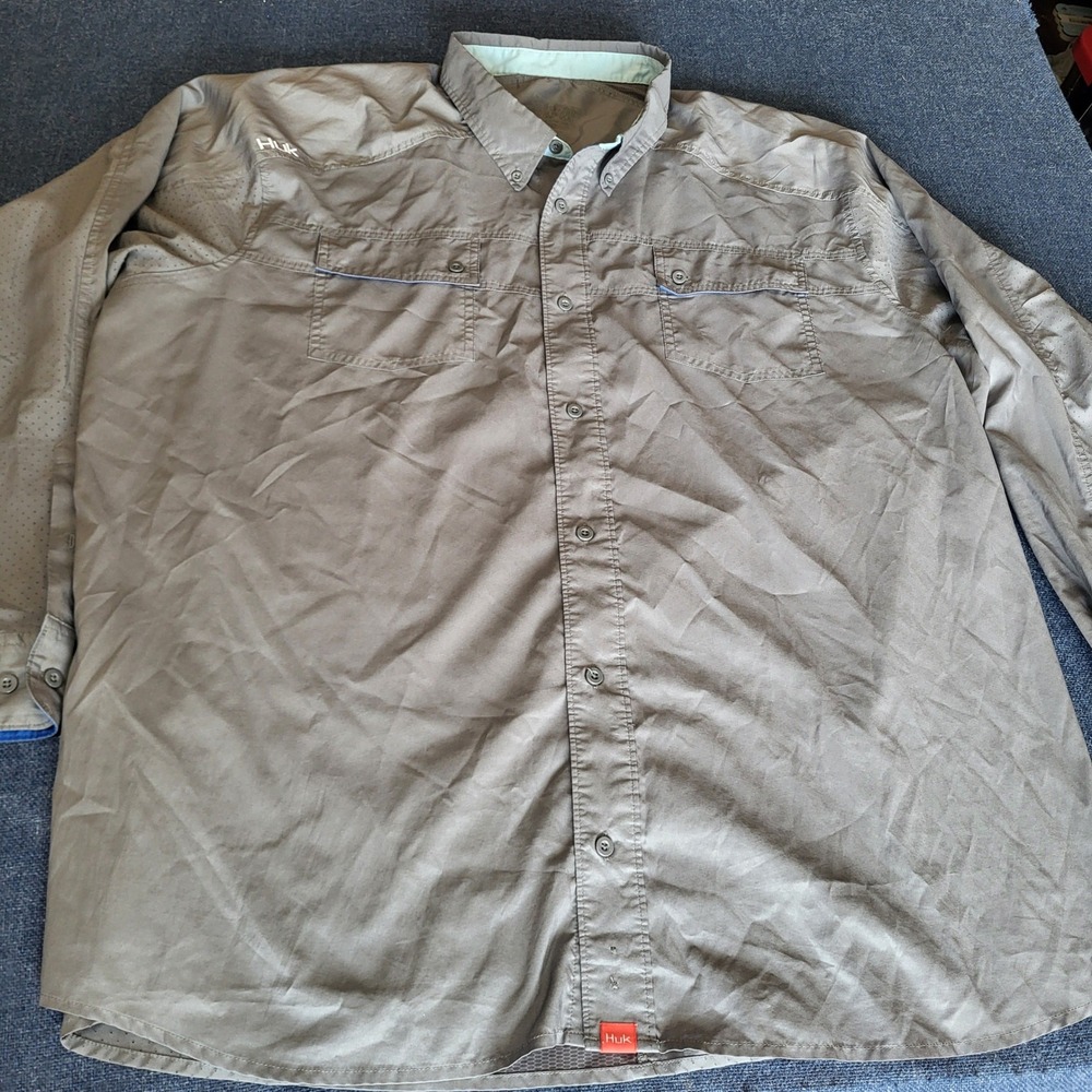 Huk Mens Gray Perforated Performance Vented Fishing Shirt Long Sleeve Sz 2XL